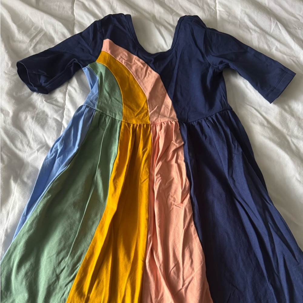 Hanna Andersson Navy Skater Dress with Rainbow Panel Details size 120(6-7)